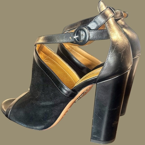 Aquazzura Black Leather ‘Issa’ Chunky Heel Peep-Toe Sandals Size 8.5 - Picture 10 of 14